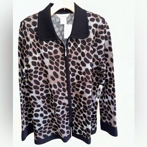 Exclusively Misook Leopard Print Zip Up Jacket Sweater Top Mature Large NWT